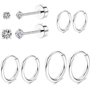 Hypoallergenic Surgical Steel Earrings Set for Sensitive Ears, Stainless Steel Flat Back Earrings for Women Men Small Flatback Stud Cartilage Hoop Earring Set for Multiple Piercing 5 Pairs