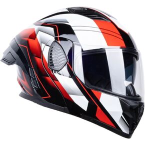 Full Face Modular Motorcycle Helmets Dual Visor Flip up DOT Approved Racing Street Bike Motocross Helmet for Adults (Black/Red White, Large)