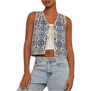 SHENHE Women's Tie Front Tribal Print Boho Vest Sleeveless Vintage Western Vest Outwear
