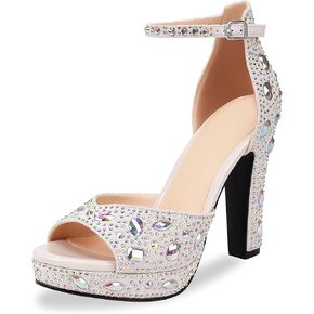 Women's Rhinestone Platform Block High Heel Sandals Crystal Ankle Strap Wedding Party Evening Shoes