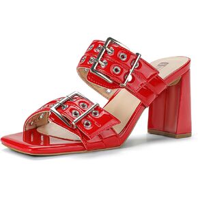 IDIFU IN3 Square Open Toe Heels Double Buckle Slip On Chunky Low Block Short Heel Sandals for Women Summer Trendy Comfortable Fashion Party Prom Dress Shoes Eyelets Belt Strap Slide Mule Heels