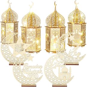 8 Pcs Eid al Adha Decorations Ramadan Tabletop Ornaments 3D LED Eid al Adha Lanterns Ramadan Mubarak Handmade Wooden Moon Star Lights Decorations for Home Party Supplies(Elegant Style)