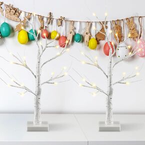 4 Pack Easter Decorations, 2ft Birch Tree with LED Lights DIY Warm White Light up Easter Tree with Leaves for Indoor Table Mantel Home Wedding Decor(White)