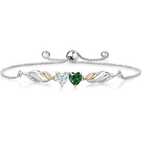 Gem Stone King 925 Silver and 10K Yellow Gold Green Nano Emerald White Moissanite and Lab Grown Diamond Name Engraved Tennis Bracelet For Women (0.94 Cttw, Fully Adjustable Up to 9 Inch)