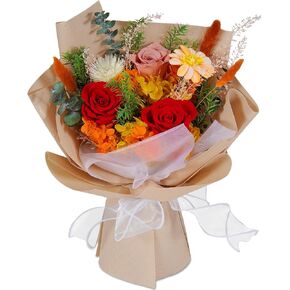 Preserved Real Roses Bouquet - Mixed Color Eternal Roses with Dried Flowers, Vibrant Dopamine Color Palette, Long-Lasting Small Floral Arrangement for Home Decor, Mother‘s Day, Orange Red
