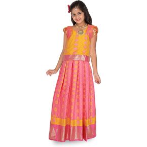 مجموعة Kaatru Thana Silk Girls Pavadai Set D14 - Lehenga Choli (Yellow & Pink)