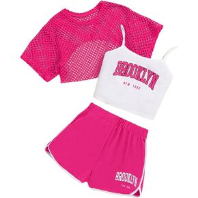 GORGLITTER Girl's 3 Piece Graphic Outfit Cute Sleeveless Cami Tank Top Mesh Fishnet Tee Shirt Sport Gym Shorts Set