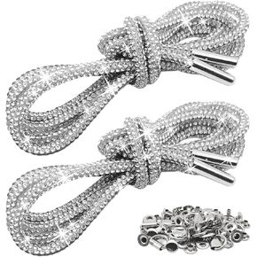 2Pcs Rhinestone Shoe Laces, 55.7"/142cm, with 20 Pcs Shoe Boot Buckle, Crystal Glitter Ropes, Bling Shiny Shoelaces, Diamond Rhinestone Hoodie String for Sneakers Sweatpants Drawstring Cords, Silver