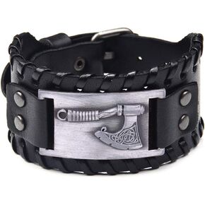 TURTLEDOVE Viking Axe Bracelet Wristband - Celtic Knotwork Leather Bracelet - Pagan Wide Cuff of Talisman