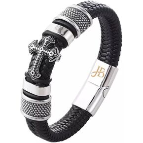Jewellbox Black Leather Bracelet for Men With Latin Cross Size- 8'