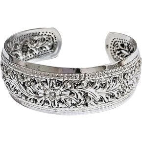 Women's Silver 25mm Wide Cuff Bangle Bracelet - Handmade 925 Sterling Silver Floral Bangle for Women