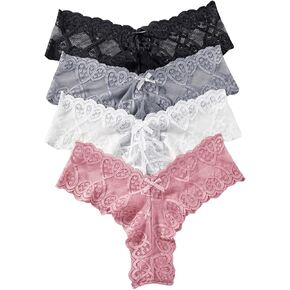 WDIRARA Women's 4 Pack Lace Bow Thong Panties V Cut Low Rise Cheeky Briefs Underwear