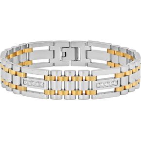 Men's 9" Stainless Steel with Yellow Finish Cubic Zirconia Link Bracelet - Elegant Sparkle