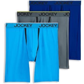 Jockey Men's Underwear Chafe Proof Pouch Microfiber 8.5" Long Leg Boxer Brief - 3 Pack, Bright Aqua/Iron Grey/Blue Jay Out, L
