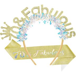 AOPRIE 70 & Fabulous Birthday Sash for Women Birthday Tiara & Crowns Headbands for Girls Happy Birthday Accessories Favor Supllies Gold, 2 Pack