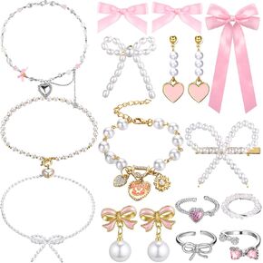 Tondiamo 15 Pcs Pearl Coquette Jewelry Set Pearl Bow Earrings Choker Necklaces Hairpins Bracelet Rings Coquette Accessories Trendy Gifts Y2k Choker Aesthetic Beaded Bow Accessories for Women