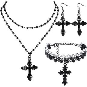 Tondiamo 3 Pcs Black Cross Necklace Gothic Jewelry Set for Women Goth Earrings Bead Bracelet Layered Y2k Choker Costume Accessories
