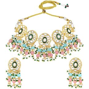 Aheli Gold Plated Sky Blue Pink Kundan Beads Studded Dchoker Necklace Danglace Action