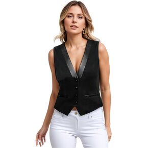 V Neck Suit Vest for Women, Black Sleeveless Button Down Crop Vest Office Waistcoat Top Blazer Coat