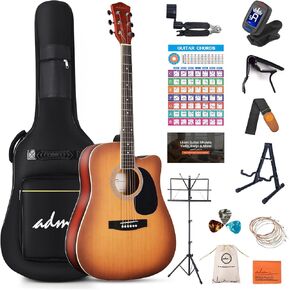 ADM Dreadnought Acoustic Guitar Kit with Free Lesson for Beginner Adult Teen Full Size Acustica Guitarra Starter Bundle Set with Bag Strap Tuner Capo Pickguard Music Stand, Right Hand(Grey, 41 Inch) in Saudi Arabia