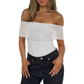 Women Sexy Mesh Off The Shoulder Short Sleeve Backless Ruched Thong Bodysuits Tops