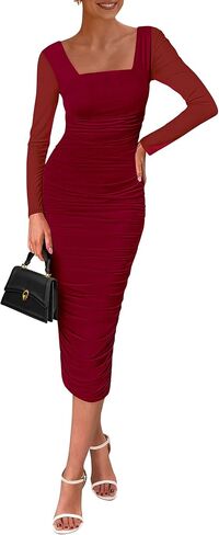 PRETTYGARDEN Midi Dresses for Women Fall Fashion 2025 Long Sleeve Ruched Bodycon Cocktail Party Wedding Guest Dress in Kuwait