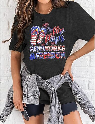 قمم دبابات العلم الأمريكية النساء: Tees Graph Graphic Tees 4th من يوليو قمم القمصان الوطنية قمصان نارية دبابة in Kuwait