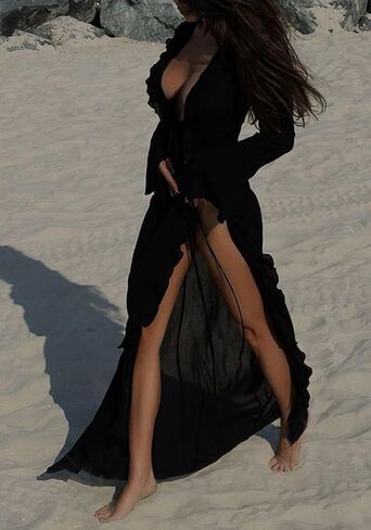 LETSVDO Women Sheer Long Kimono Cardigan Bell Sleeve Mesh Chiffon Ruffle Flowy Duster Robe Beach Swimsuit Cover Up Dress in Saudi Arabia