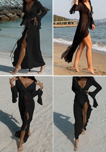 LETSVDO Women Sheer Long Kimono Cardigan Bell Sleeve Mesh Chiffon Ruffle Flowy Duster Robe Beach Swimsuit Cover Up Dress in Saudi Arabia
