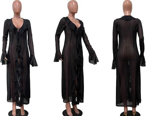 LETSVDO Women Sheer Long Kimono Cardigan Bell Sleeve Mesh Chiffon Ruffle Flowy Duster Robe Beach Swimsuit Cover Up Dress in Saudi Arabia