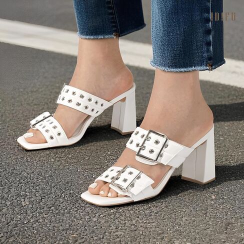IDIFU IN3 Square Open Toe Heels Double Buckle Slip On Chunky Low Block Short Heel Sandals for Women Summer Trendy Comfortable Fashion Party Prom Dress Shoes Eyelets Belt Strap Slide Mule Heels in Saudi Arabia