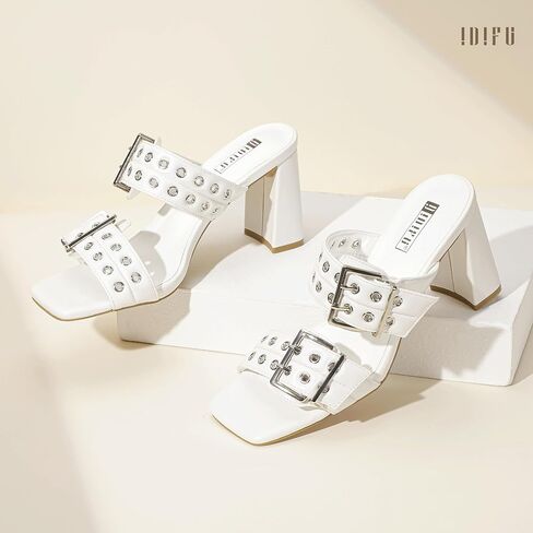 IDIFU IN3 Square Open Toe Heels Double Buckle Slip On Chunky Low Block Short Heel Sandals for Women Summer Trendy Comfortable Fashion Party Prom Dress Shoes Eyelets Belt Strap Slide Mule Heels in Saudi Arabia