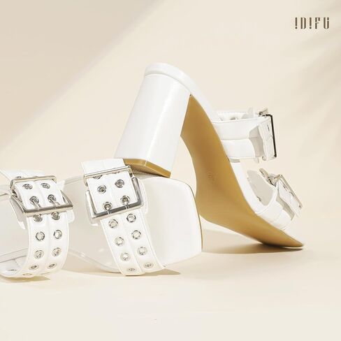 IDIFU IN3 Square Open Toe Heels Double Buckle Slip On Chunky Low Block Short Heel Sandals for Women Summer Trendy Comfortable Fashion Party Prom Dress Shoes Eyelets Belt Strap Slide Mule Heels in Saudi Arabia