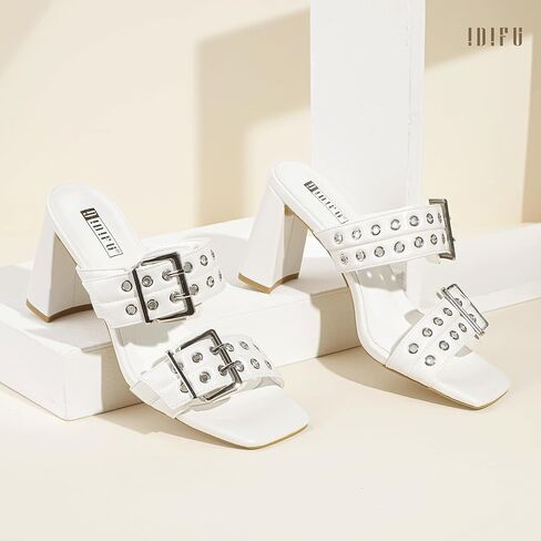 IDIFU IN3 Square Open Toe Heels Double Buckle Slip On Chunky Low Block Short Heel Sandals for Women Summer Trendy Comfortable Fashion Party Prom Dress Shoes Eyelets Belt Strap Slide Mule Heels in Saudi Arabia