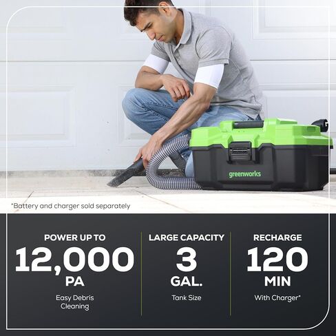 مكنسة كهربائية لاسلكية 24 فولت سعة 3 جالون من GreenWorks مع خرطوم، وشق، وفوهة أرضية، والبطارية والشاحن غير متضمنين، رطب/جاف (الأداة فقط)، أخضر in Saudi Arabia