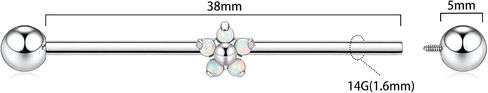 PEAKLINK Titanium Industrial Bar 14G Industrial Piercing Jewelry Industrial Barbell for Women Men With CZ/Opal Cartilage Helix Earring 11/2 Inch 38mm in Saudi Arabia