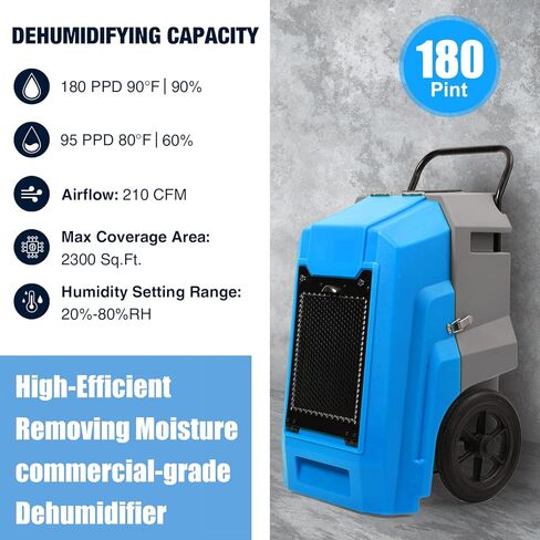 MOUNTO 180Pints Commercial Dehumidifier with Pump and Drain Hose, LGR Portable Dehumidifier with wheels for Home, Basements, Garages, and Job Sites. in Kuwait