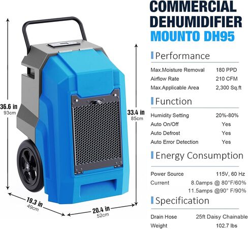 MOUNTO 180Pints Commercial Dehumidifier with Pump and Drain Hose, LGR Portable Dehumidifier with wheels for Home, Basements, Garages, and Job Sites. in Kuwait