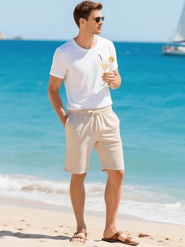 JIHUILAI Mens Casual Shorts Drawstring Summer Sports Shorts Geometric Texture Casual Beach Shorts with Pockets in Saudi Arabia