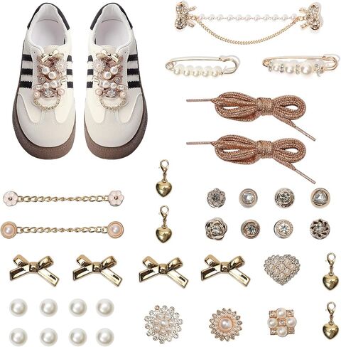 Bellaqueo 34Pcs Flower Shoe Charms for Sneakers Girls, Shoe Lace Charms Clips, Pearl Bows DIY Shoelace Charms, Junk Socks Charms Kit for Women, Jewelry Making Kits in Saudi Arabia