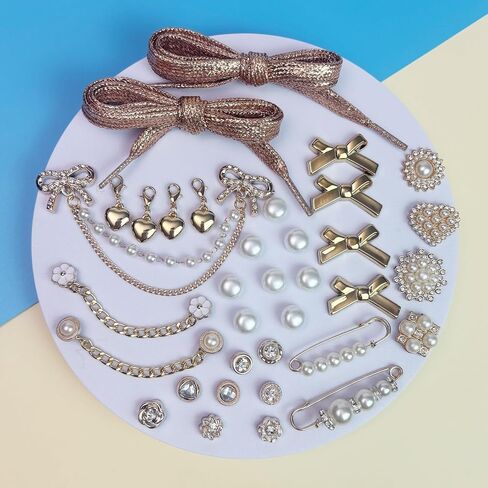 Bellaqueo 34Pcs Flower Shoe Charms for Sneakers Girls, Shoe Lace Charms Clips, Pearl Bows DIY Shoelace Charms, Junk Socks Charms Kit for Women, Jewelry Making Kits in Saudi Arabia