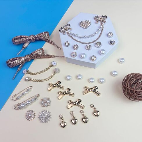 Bellaqueo 34Pcs Flower Shoe Charms for Sneakers Girls, Shoe Lace Charms Clips, Pearl Bows DIY Shoelace Charms, Junk Socks Charms Kit for Women, Jewelry Making Kits in Saudi Arabia