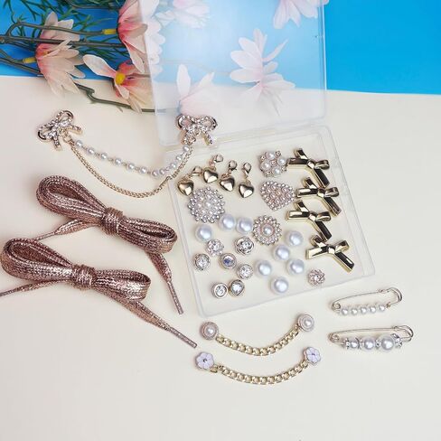 Bellaqueo 34Pcs Flower Shoe Charms for Sneakers Girls, Shoe Lace Charms Clips, Pearl Bows DIY Shoelace Charms, Junk Socks Charms Kit for Women, Jewelry Making Kits in Saudi Arabia