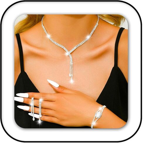GORAIS Rhinestone Formal Wedding Jewelry Set Silver Prom Necklace Earrings Bracelet Set Bridal Costume Jewelry for Women Brides in Saudi Arabia