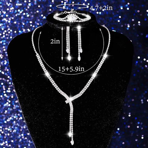 GORAIS Rhinestone Formal Wedding Jewelry Set Silver Prom Necklace Earrings Bracelet Set Bridal Costume Jewelry for Women Brides in Saudi Arabia