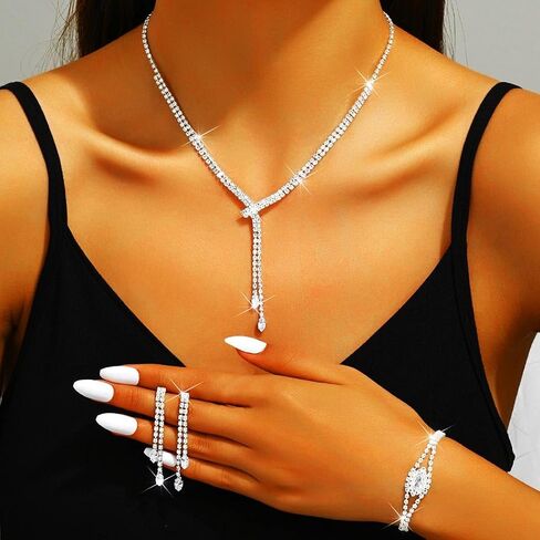 GORAIS Rhinestone Formal Wedding Jewelry Set Silver Prom Necklace Earrings Bracelet Set Bridal Costume Jewelry for Women Brides in Saudi Arabia