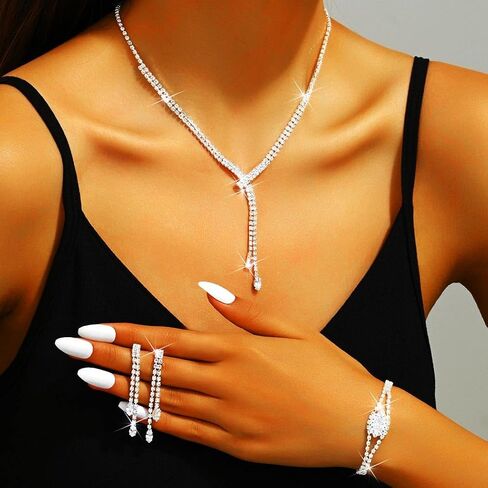 GORAIS Rhinestone Formal Wedding Jewelry Set Silver Prom Necklace Earrings Bracelet Set Bridal Costume Jewelry for Women Brides in Saudi Arabia