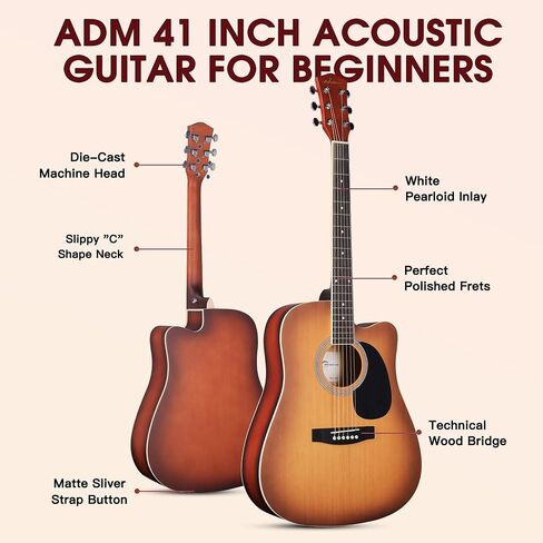 ADM جيتار صوتي للمبتدئين البالغين، 41 بوصة للأطفال والطلاب Cutaway Acustica Guitarra Starter Bundle Kit دروس مجانية مع حقيبة أزعج، موالف، شماعة جيتار، كابو، حزام، يختار، سلاسل إضافية، أخضر in Kuwait