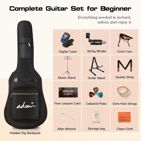 ADM جيتار صوتي للمبتدئين البالغين، 41 بوصة للأطفال والطلاب Cutaway Acustica Guitarra Starter Bundle Kit دروس مجانية مع حقيبة أزعج، موالف، شماعة جيتار، كابو، حزام، يختار، سلاسل إضافية، أخضر in Kuwait