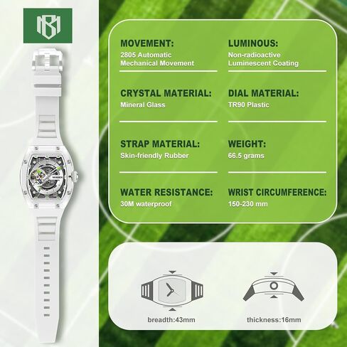 Skeleton Automatic Watch, 43mm Dial with Luminous Hands, Self Winding Watch, 3 ATM Waterproof, Business Casual Sporty Design Men's Watch, with Rubber Strap in Saudi Arabia